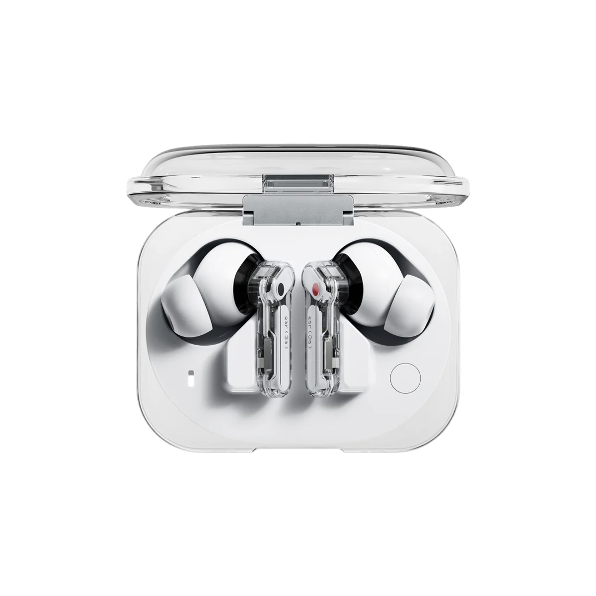 White Nothing Ear 3a recording earbuds in their transparent charging case